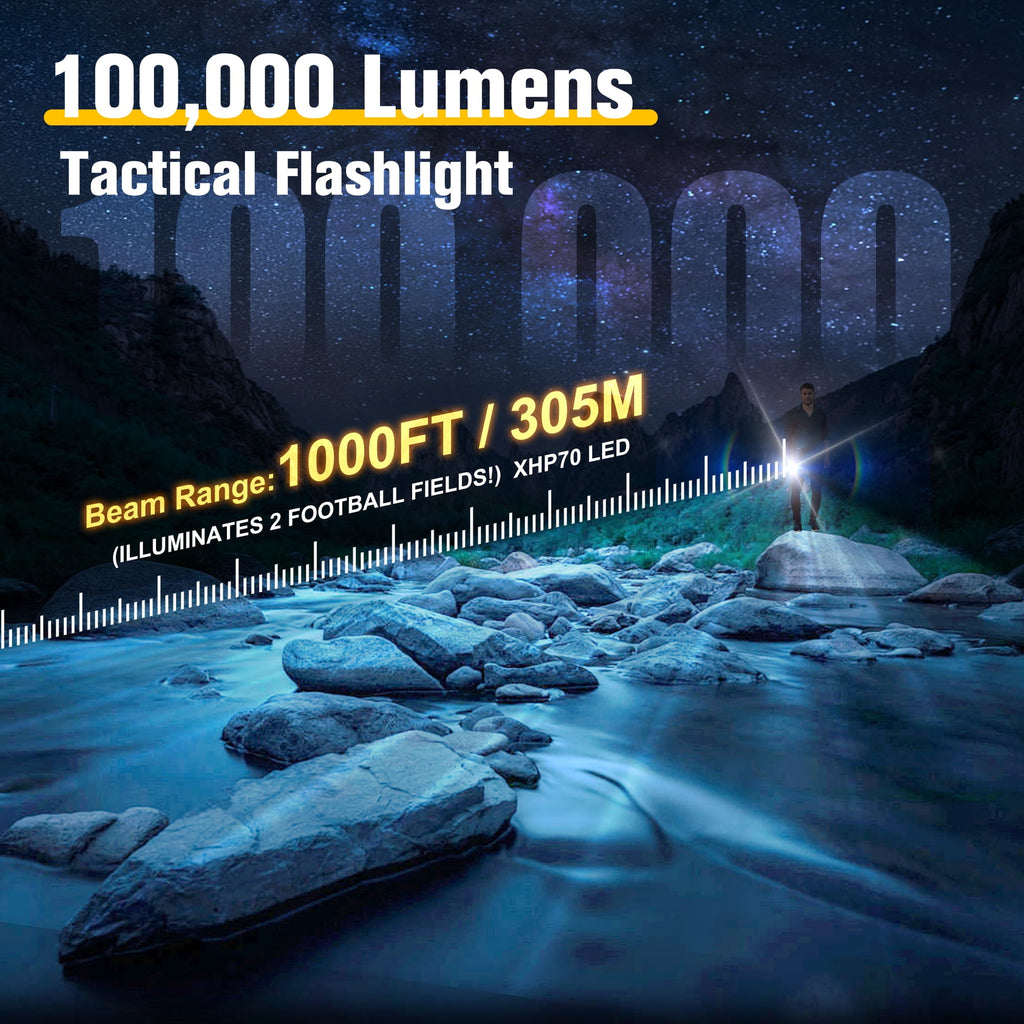 YTAKY Flashlight , 2 Pack 100000 Lumens, Powerful Flashlight, XHP70.2 LED, 3000mAH, Waterproof,Rechargeable , Zoomable Torch for Hiking Camping